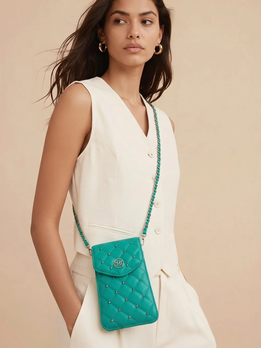 Badgley Mischka Teal Quilted Crossbody Phone Pouch - Picture 2 of 4
